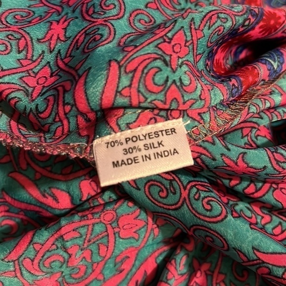 Patterned Maxi Dress in Red, teal and purple in size medium silk blend.  Fringe - Picture 15 of 15